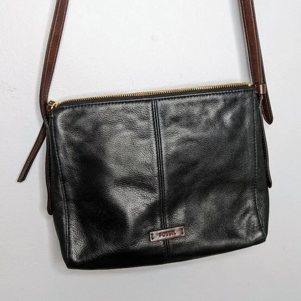 Fossil Black Gold Leather Zip Top Crossbody Bag